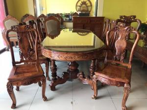 Bộ bàn ăn cẩm lai xịn sơn ta 8 ghế bàn ovan BBA4258B