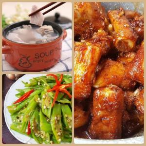 Combo : Sườn ram mặn , Canh khoai môn, Đậu bắp xào
