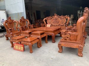 Bàn Ghế Phòng Khách Nghê Đỉnh Cột 14 Gỗ Hương 10 Món