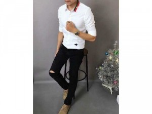 Áo sơ mi nam nữ trắng cổ 3 sọc con ongTM