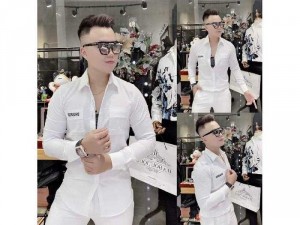 Áo sơ mi nam nữ dài tay chữ thêu Ds 2mau