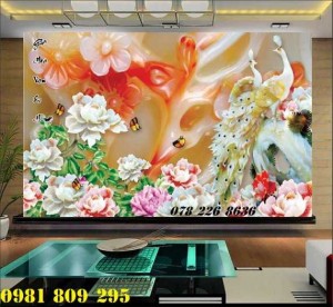 Tranh gạch 3d hoa mẫu đơn - tranh gạch men chim công sứ ngọc