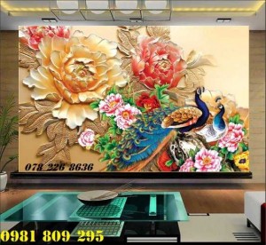 Tranh gạch 3d hoa mẫu đơn - tranh gạch men chim công sứ ngọc
