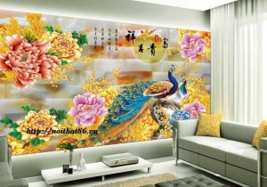 Gạch tranh dán tường chim công 3d HP234