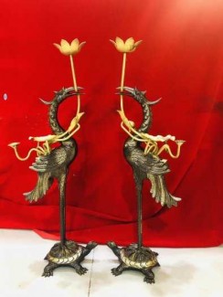 Đôi Hạc Thờ Cúng Bằng Đồng Hun Nâu