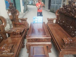 Bộ bàn ghế nghê đỉnh tay khuỳnh vách chữ C gỗ mun đuôi công