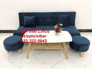 Bộ ghế sofa giường, sofa bed bật giường nằm nhỏ gọn phòng khách sfg06 màu xanh dương đậm vải nhung Nội thất Linco HCM Tphcm Phú Nhuận Tân Bình Tân Phú