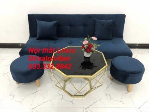 Bộ ghế sofa giường, sofa bed bật giường nằm nhỏ gọn phòng khách sfg06 màu xanh dương đậm vải nhung Nội thất Linco HCM Tphcm Phú Nhuận Tân Bình Tân Phú