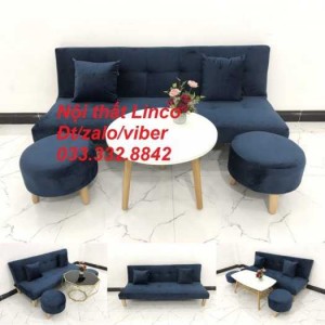 Bộ ghế sofa giường, sofa bed bật giường nằm nhỏ gọn phòng khách sfg06 màu xanh dương đậm vải nhung Nội thất Linco HCM Tphcm Phú Nhuận Tân Bình Tân Phú