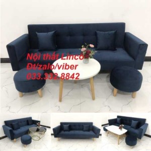 Set bộ ghế sofa giường 2 tay vịn, sofa băng văng dài 2m màu xanh dương đậm vải nhung Nội thất Linco HCM Sài Gòn Củ Chi, Hóc Môn, quận 12