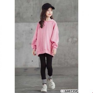 Sét áo hoodie đắp túi và quần legging sọc ngang cho bé gái