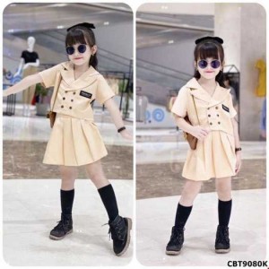 Sét áo kiểu vest đính cúc và quần giả váy xếp ly cho bé gái