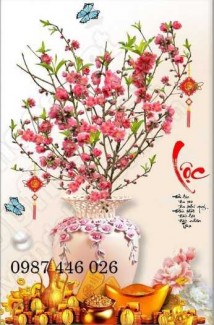 Tranh hoa đào, gạch tranh bình hoa đào 3d, tranh ốp tường, tranh trang trí HP522
