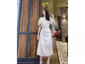 Đầm váy nữ trắng nhún hông eo tay phồng