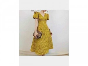Đầm váy nữ gấm tay phồng đính hạt TKN