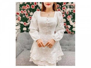 Đầm váy nữ trắng xòe tầng cổ vuông TKN