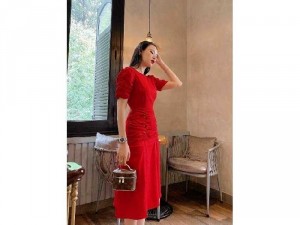 Đầm váy nữ đỏ midi nhún thân TKN