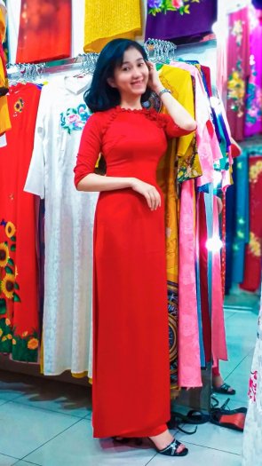 Áo Dài May Sẳn Lụa tây Thi Kết Hoa Nổi 3D ( Màu Đỏ)