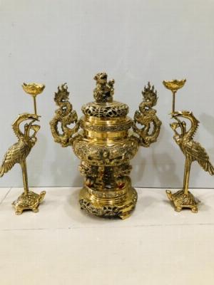 Bộ đỉnh đồng tam sự cao 30cm (đỉnh và cặp hạc)