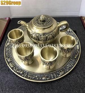 Bộ ấm chén voi atimon xanh bằng đồng cao 6.5cm