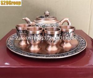 Bộ ấm chén voi atimon đỏ bằng đồng cao 6.5cm