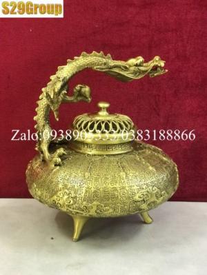 Xông Trầm quai rồng vàng bằng đồng cao 22cm