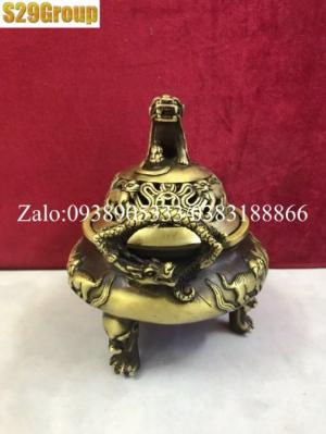 Xông Trầm nắp nghê hai tai rồng bằng đồng cao 15cm