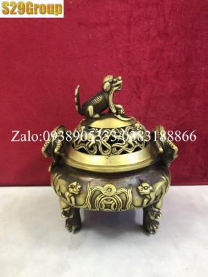 Xông Trầm nắp nghê hai tai rồng bằng đồng cao 15cm