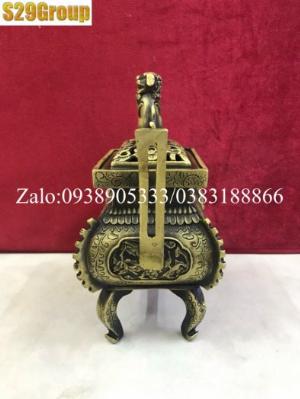 Xông Trầm vuông nghê hai tai bằng đồng cao 18cm