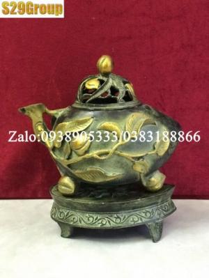 Xông trầm quả đào bằng đồng cao 20cm