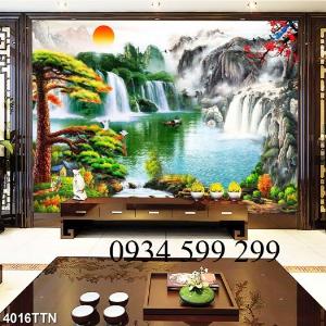Gạch tranh 3D - tranh cây tùng thác nước con cò