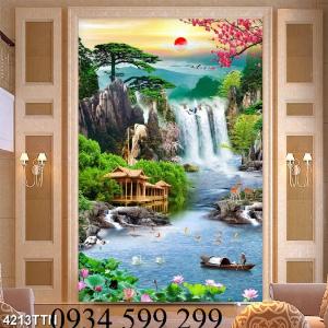 Gạch tranh 3D - tranh cây tùng thác nước con cò