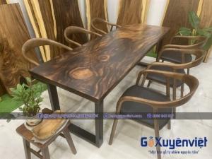 Bàn ăn gỗ me tây vuông chân sắt 6 ghế 2m 75cm 5cm