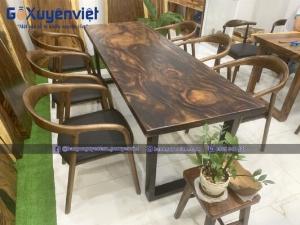 Bàn ăn gỗ me tây vuông chân sắt 6 ghế 2m 75cm 5cm