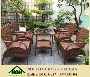 Bàn ghế cafe đan mây nhựa màu nâu giá rẻ HGH881