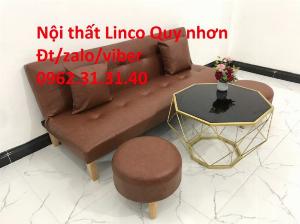 Bộ bàn ghế sofa giường bed simili nâu giả da giá rẻ Nội thất Linco Quy Nhơn