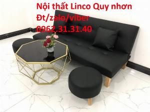 Bộ bàn ghế sofa giường nằm mini nhỏ gia rẻ đẹp simili giả da đen Nội thất Linco Quy Nhơn