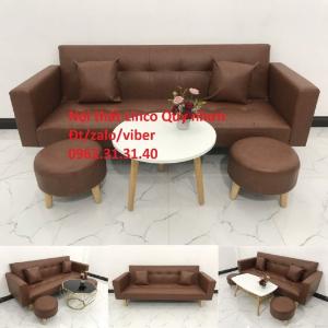 Bộ ghế Sofa giường tay vịn (băng) simili giả da nâu giá rẻ đẹp ở Sofa Linco Quy Nhơn