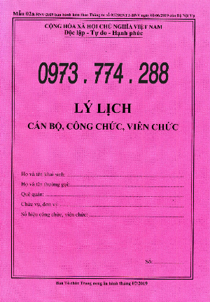 Bán quyển lý lịch cán bộ, công chức, viên chức mẫu 01a-BNV/2019 theo thông tư số 07
