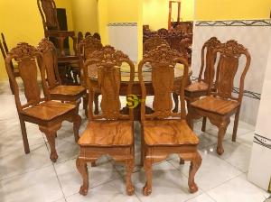 Bộ bàn ăn gõ đỏ tròn 8 ghế chạm hoa hồng – BBA218