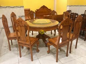 Bộ bàn ăn gõ đỏ tròn 8 ghế chạm hoa hồng – BBA218