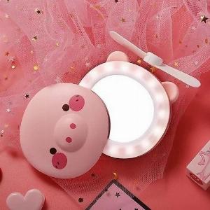 Quạt heo sạc điện mini có đèn và gương soi 3 trong 1 - quạt cầm tay bỏ túi tiện dụng