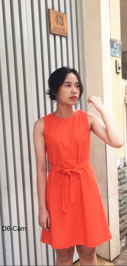 Đầm chữ A màu cam dằn chỉ nổi, cột nơ trước D6-Cam