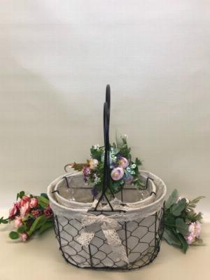 Set 2 giỏ lưới sắt màu đen cắm hoa vải tote viền ren - PLNK03