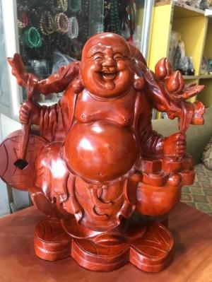 Tượng Phật Di Lặc Gỗ Đứng Gánh Tiền Hủ Tiền To Size cao 39cm x N 39cm x S16cm có 3500k