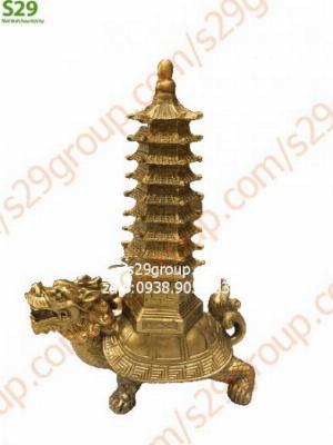 Rùa đầu rồng cõng tháp văn xương phong thủy cao 17cm,linh vật phong thủy bằng đồng