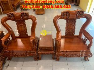Bộ bàn ghê hương đá chạm đào đẹp vai cong mặt liền 6 món tay 12