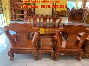 Bộ bàn ghê hương đá chạm đào đẹp vai cong mặt liền 6 món tay 12