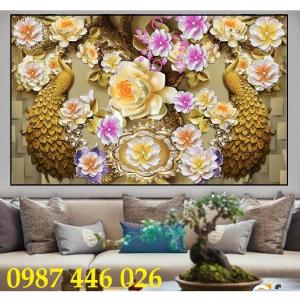 Tran gạch chim công 3d trang trí tường HP988