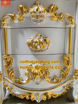Tủ đầu giường Hoàng gia cổ điển sơn trắng dát vàng VIP